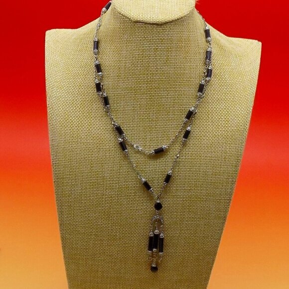 Art Deco Style Black Bead Necklace Silver-tone Clear Stone Station 2 Row Layered - Picture 10 of 10